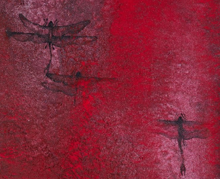 Detail of a red painting with drawn dragonflies by Elvan Alpay