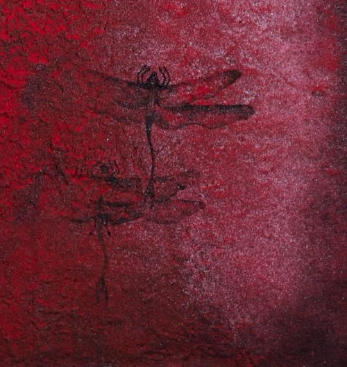 Detail of a red painting with drawn dragonflies by Elvan Alpay — the book’s cover image